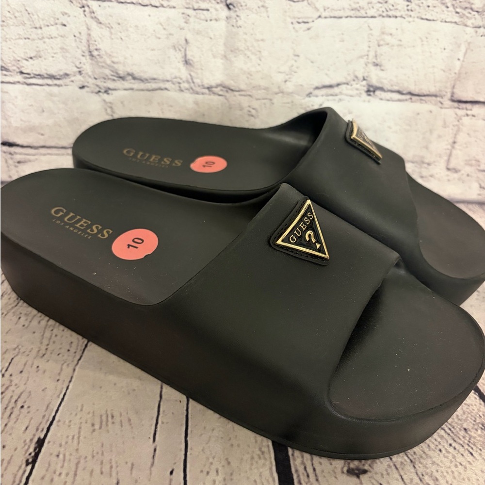 GUESS Black Platform Slide Sandals with Gold Logo Size 10